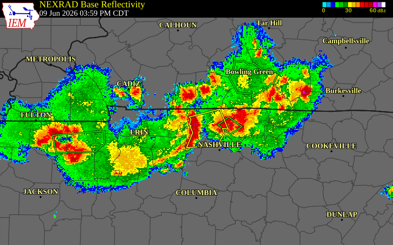 NEXRAD radar during the Tuesday, June 9, 2026 storm activity in Robertson County, Tennessee