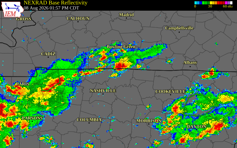 NEXRAD radar during the Saturday, August 8, 2026 storm activity in Robertson County, Tennessee