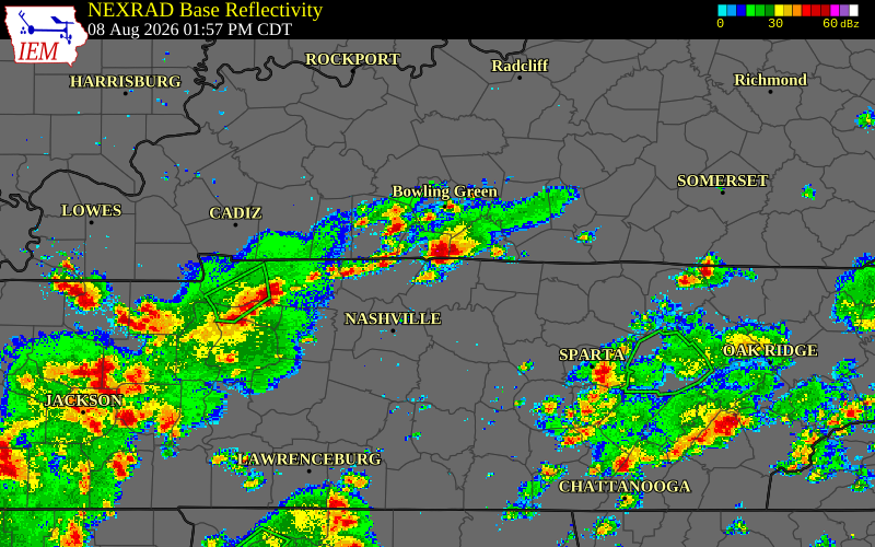 Radar snapshot during the Aug 8, 2026 wind event near Robertson County, Robertson County, Tennessee, with NWS warning polygons