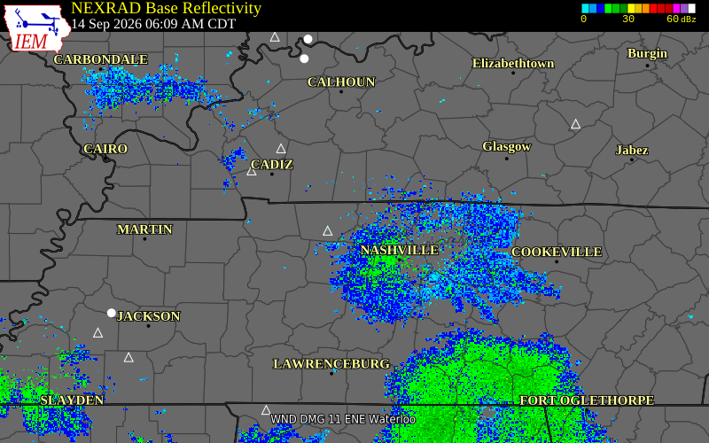 Current NEXRAD radar over Robertson County, Tennessee with recent storm report locations