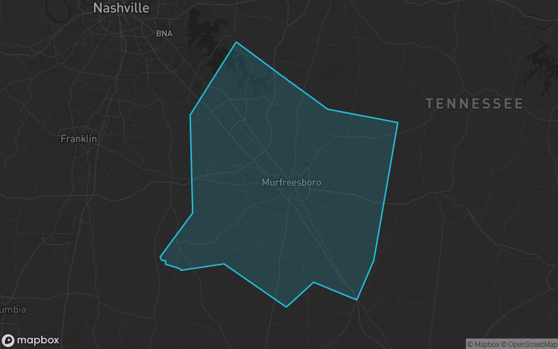 Map of Rutherford County, Tennessee showing the county boundary and surrounding cities
