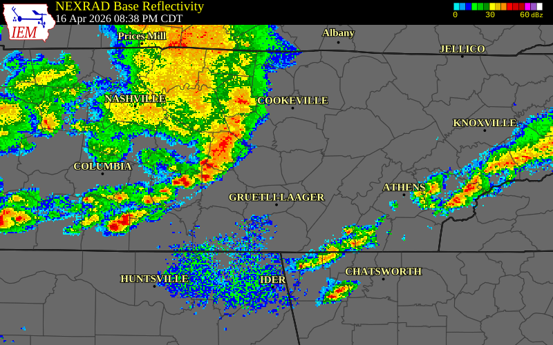 NEXRAD radar during the Thursday, April 16, 2026 storm activity in Rutherford County, Tennessee