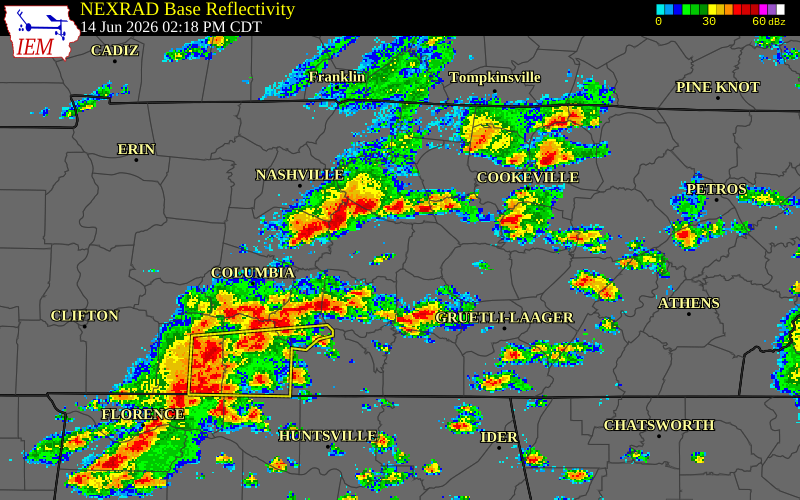 NEXRAD radar during the Sunday, June 14, 2026 storm activity in Rutherford County, Tennessee