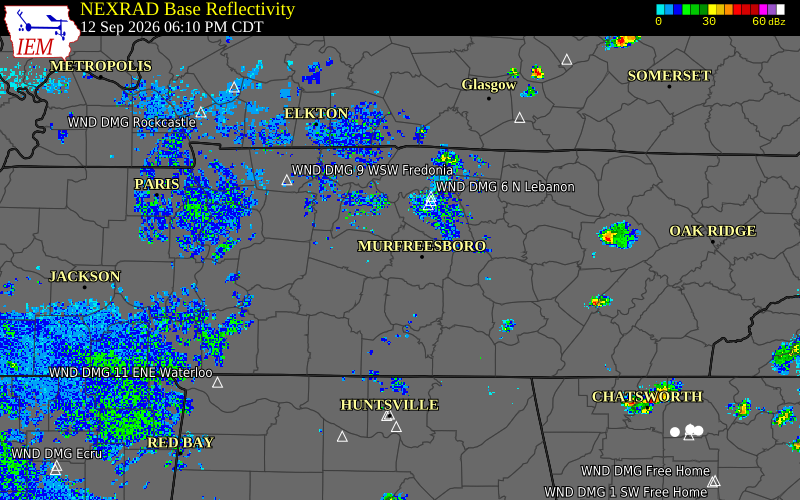 Current NEXRAD radar over Rutherford County, Tennessee with recent storm report locations