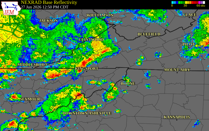 NEXRAD radar during the Saturday, June 27, 2026 storm activity in Scott County, Tennessee