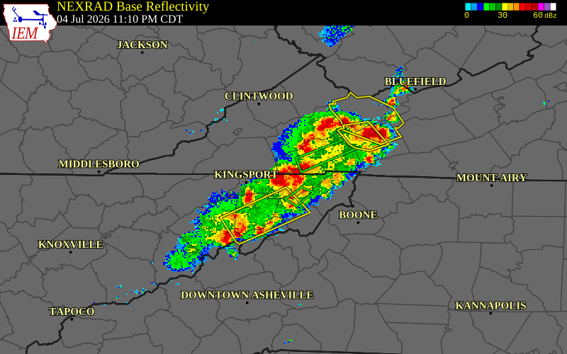 NEXRAD radar during the Saturday, July 4, 2026 storm activity in Scott County, Tennessee