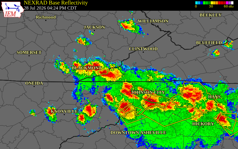 NEXRAD radar during the Tuesday, July 28, 2026 storm activity in Scott County, Tennessee