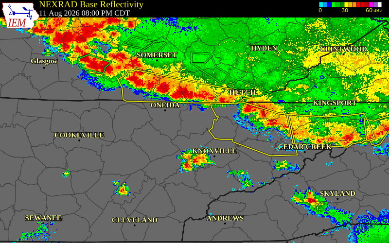 NEXRAD radar during the Tuesday, August 11, 2026 storm activity in Scott County, Tennessee