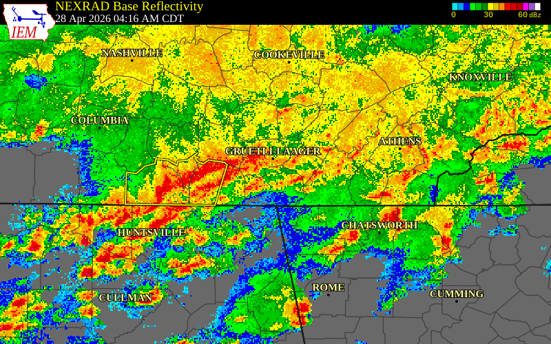 NEXRAD radar during the Tuesday, April 28, 2026 storm activity in Sequatchie County, Tennessee