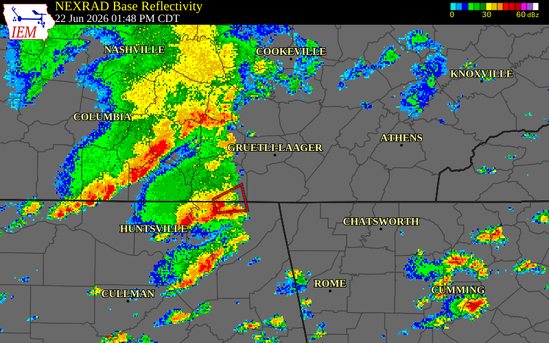 NEXRAD radar during the Monday, June 22, 2026 storm activity in Sequatchie County, Tennessee