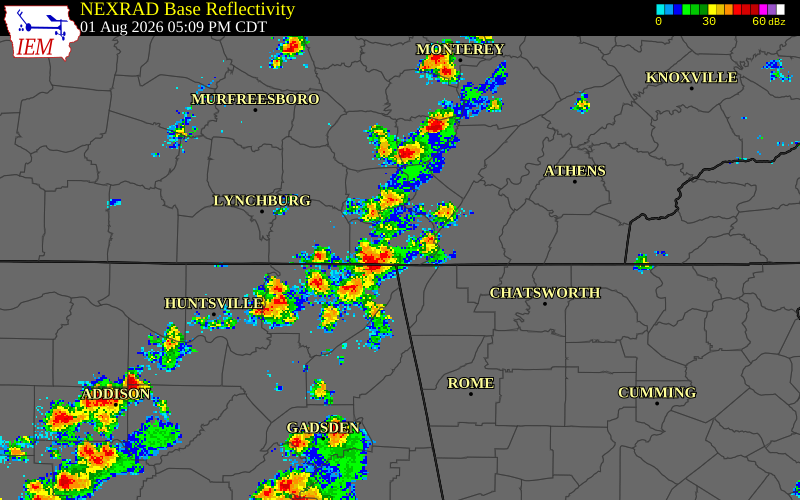 NEXRAD radar during the Saturday, August 1, 2026 storm activity in Sequatchie County, Tennessee