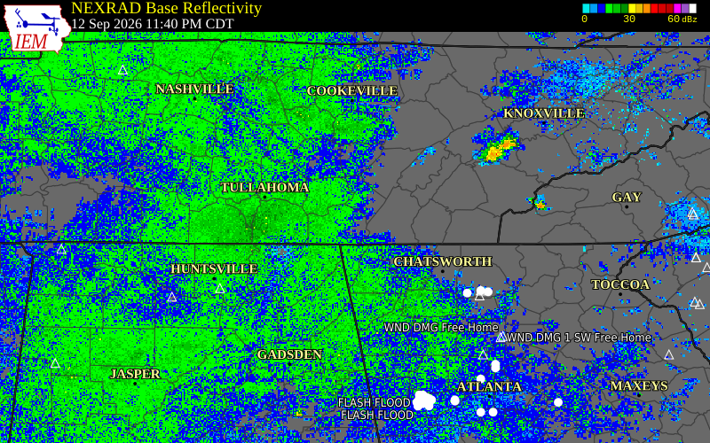 Current NEXRAD radar over Sequatchie County, Tennessee with recent storm report locations