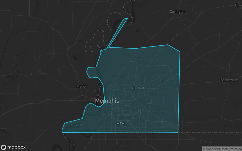 Map of Shelby County, Tennessee showing the county boundary and surrounding cities