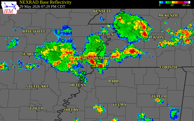 NEXRAD radar during the Friday, May 29, 2026 storm activity in Shelby County, Tennessee