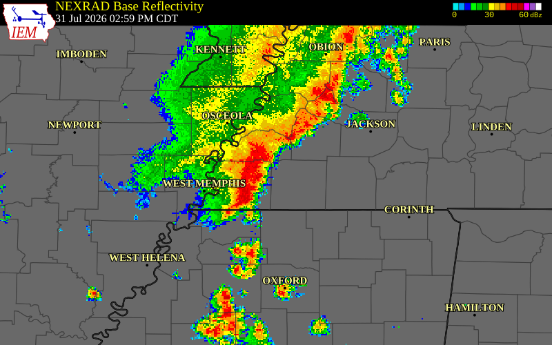 NEXRAD radar during the Friday, July 31, 2026 storm activity in Shelby County, Tennessee