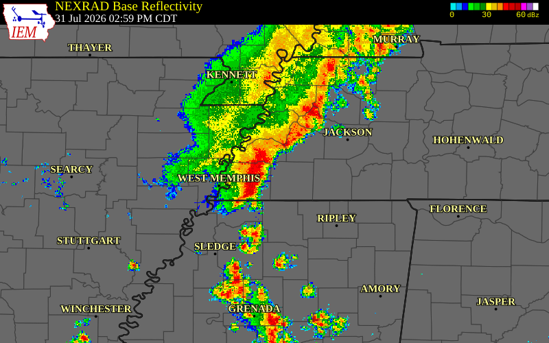 Radar snapshot during the Jul 31, 2026 wind event near Shelby County, Shelby County, Tennessee, with NWS warning polygons