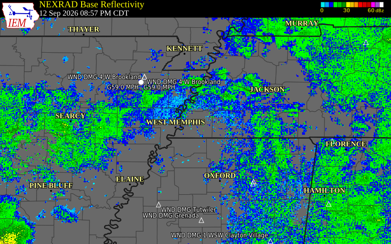 Current NEXRAD radar over Shelby County, Tennessee with recent storm report locations