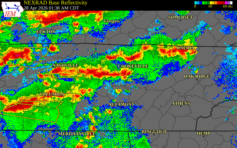 NEXRAD radar during the Tuesday, April 28, 2026 storm activity in Smith County, Tennessee