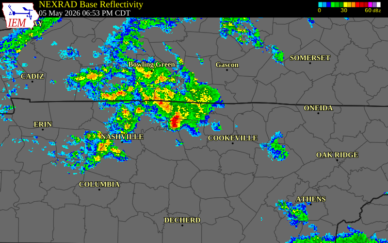 NEXRAD radar during the Tuesday, May 5, 2026 storm activity in Smith County, Tennessee
