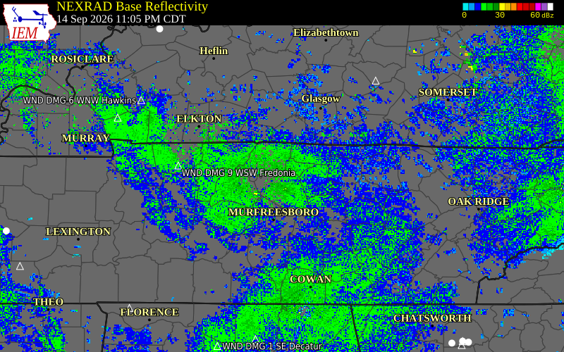 Current NEXRAD radar over Smith County, Tennessee with recent storm report locations