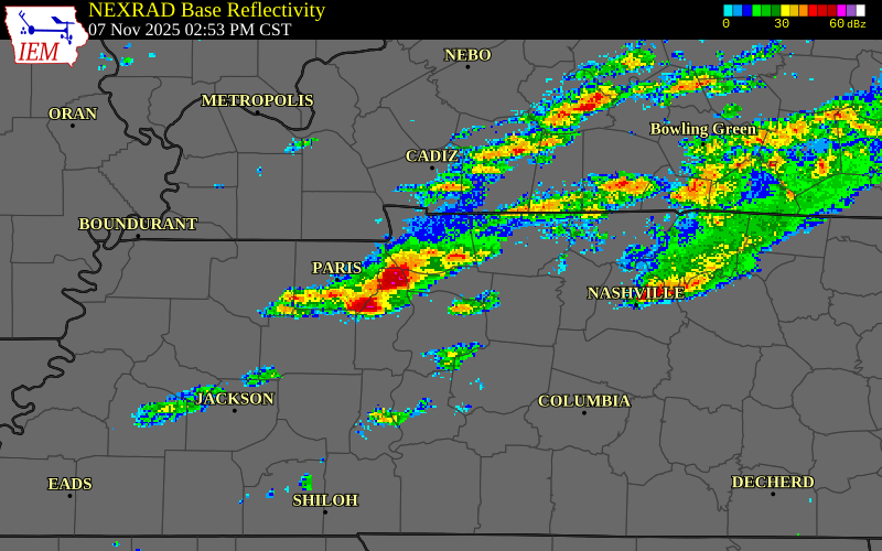 NEXRAD radar during the Friday, November 7, 2025 storm activity in Stewart County, Tennessee