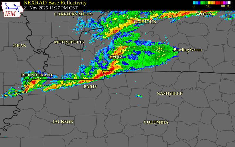 NEXRAD radar during the Friday, November 21, 2025 storm activity in Stewart County, Tennessee