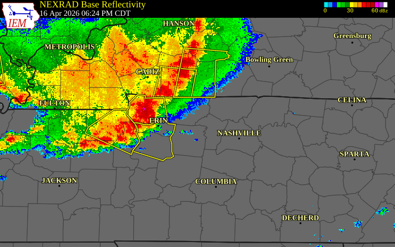 NEXRAD radar during the Thursday, April 16, 2026 storm activity in Stewart County, Tennessee