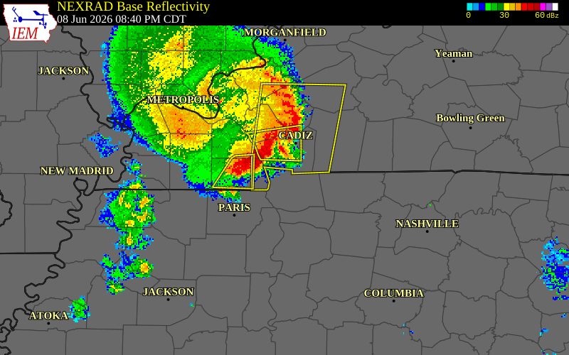 NEXRAD radar during the Monday, June 8, 2026 storm activity in Stewart County, Tennessee