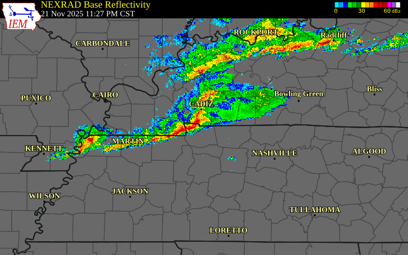 Radar snapshot during the Nov 21, 2025 wind event near Stewart County, Stewart County, Tennessee, with NWS warning polygons