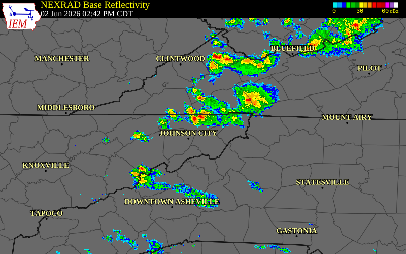 NEXRAD radar during the Tuesday, June 2, 2026 storm activity in Sullivan County, Tennessee