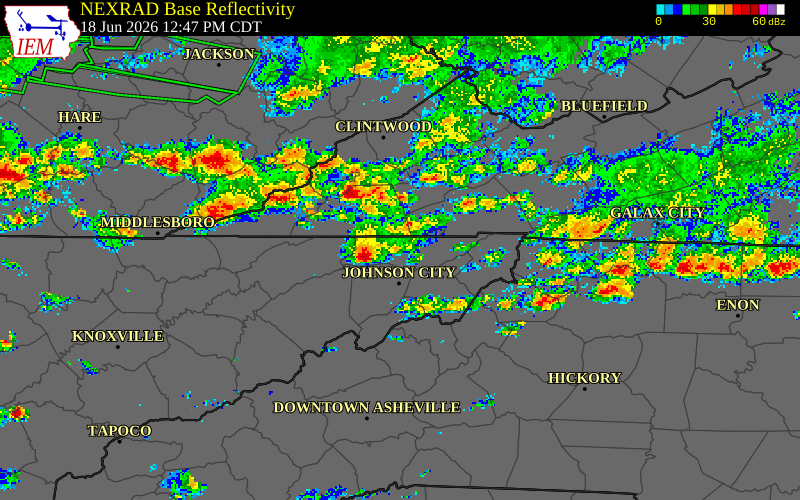 NEXRAD radar during the Thursday, June 18, 2026 storm activity in Sullivan County, Tennessee