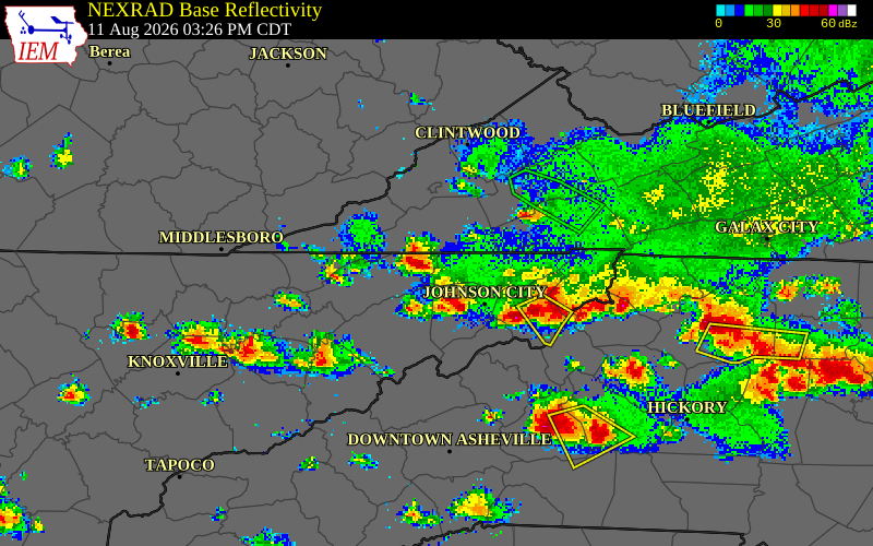 NEXRAD radar during the Tuesday, August 11, 2026 storm activity in Sullivan County, Tennessee