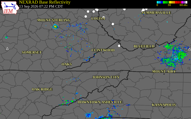 Current NEXRAD radar over Sullivan County, Tennessee with recent storm report locations