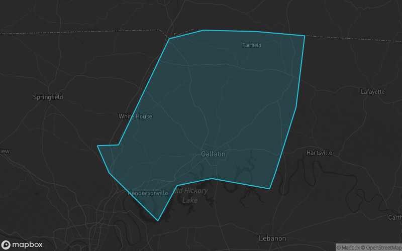 Map of Sumner County, Tennessee showing the county boundary and surrounding cities