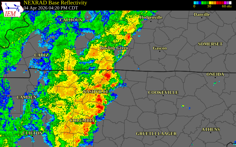 NEXRAD radar during the Saturday, April 4, 2026 storm activity in Sumner County, Tennessee