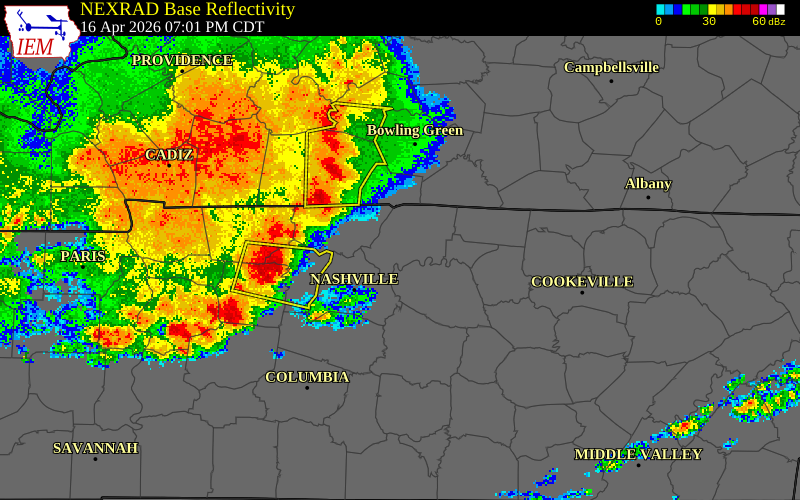 NEXRAD radar during the Thursday, April 16, 2026 storm activity in Sumner County, Tennessee