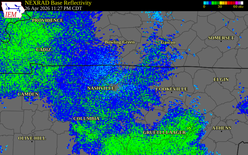 NEXRAD radar during the Sunday, April 26, 2026 storm activity in Sumner County, Tennessee