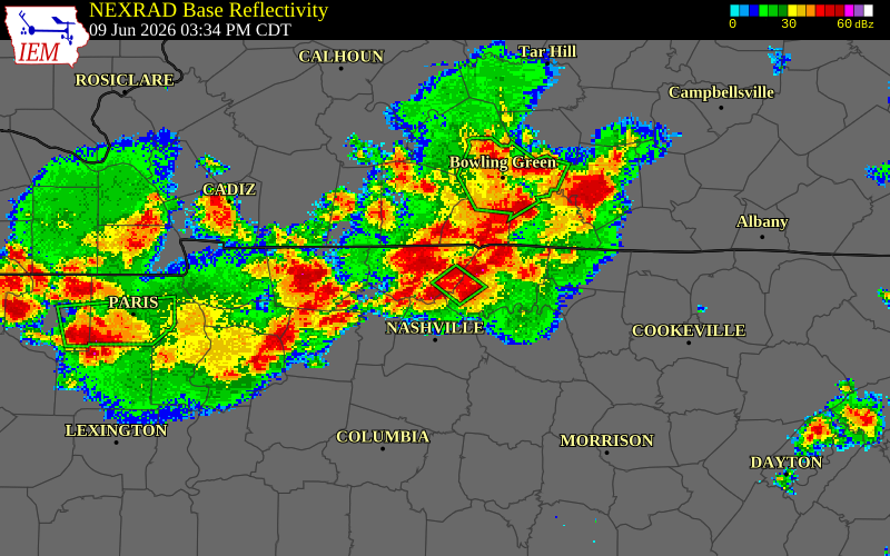 NEXRAD radar during the Tuesday, June 9, 2026 storm activity in Sumner County, Tennessee