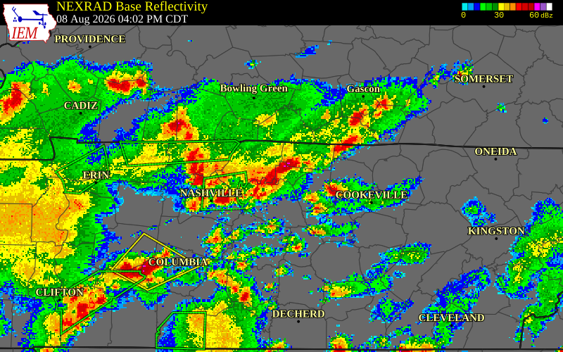NEXRAD radar during the Saturday, August 8, 2026 storm activity in Sumner County, Tennessee
