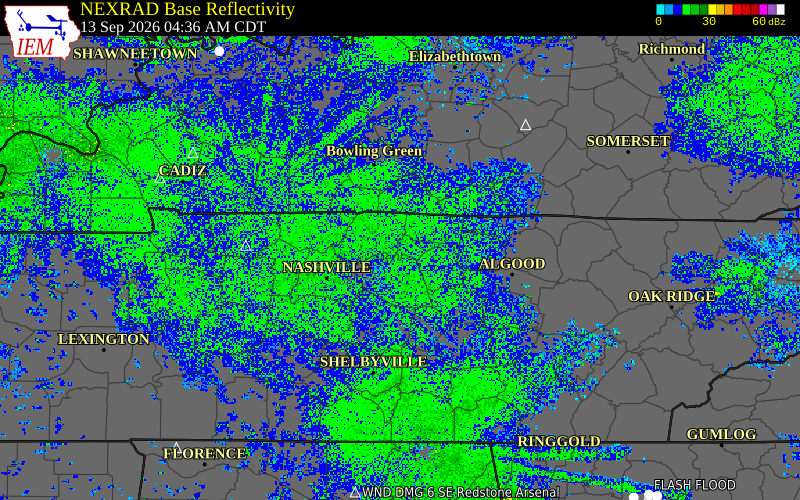 Current NEXRAD radar over Sumner County, Tennessee with recent storm report locations