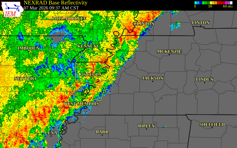 NEXRAD radar during the Saturday, March 7, 2026 storm activity in Tipton County, Tennessee