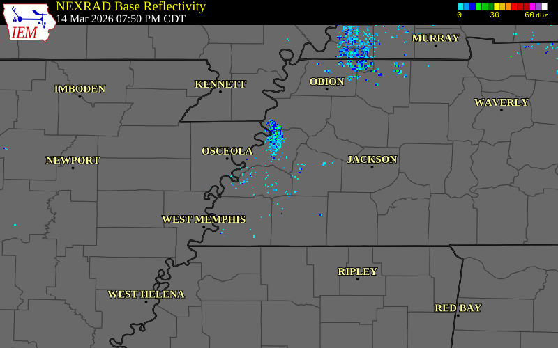 NEXRAD radar during the Saturday, March 14, 2026 storm activity in Tipton County, Tennessee