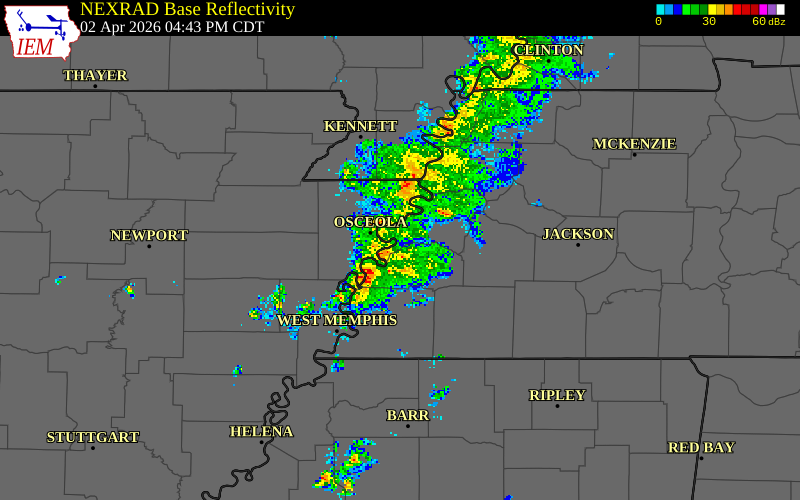 NEXRAD radar during the Thursday, April 2, 2026 storm activity in Tipton County, Tennessee