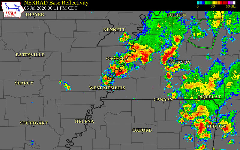 NEXRAD radar during the Sunday, July 5, 2026 storm activity in Tipton County, Tennessee