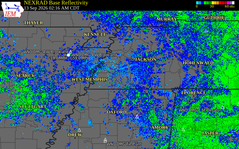 Current NEXRAD radar over Tipton County, Tennessee with recent storm report locations