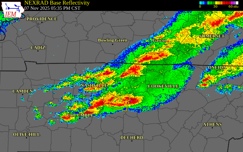 NEXRAD radar during the Friday, November 7, 2025 storm activity in Trousdale County, Tennessee