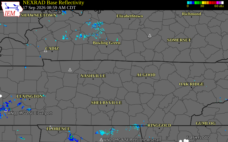 Current NEXRAD radar over Trousdale County, Tennessee with recent storm report locations