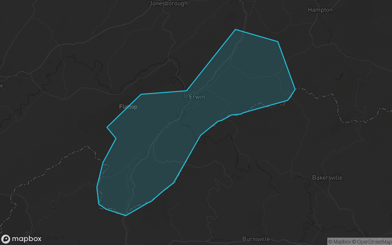 Map of Unicoi County, Tennessee showing the county boundary and surrounding cities