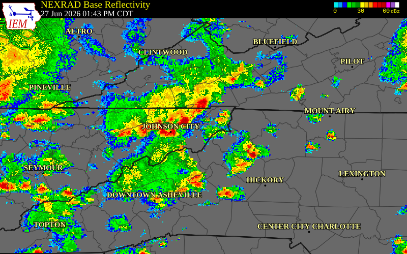 NEXRAD radar during the Saturday, June 27, 2026 storm activity in Unicoi County, Tennessee