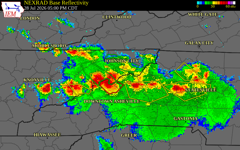 NEXRAD radar during the Tuesday, July 28, 2026 storm activity in Unicoi County, Tennessee